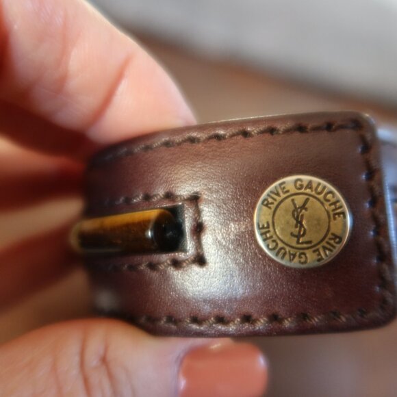 YSL Rive Gauche brown leather bracelet cuff with 9 tiger's eye stones/beads EUC! - Picture 2 of 14